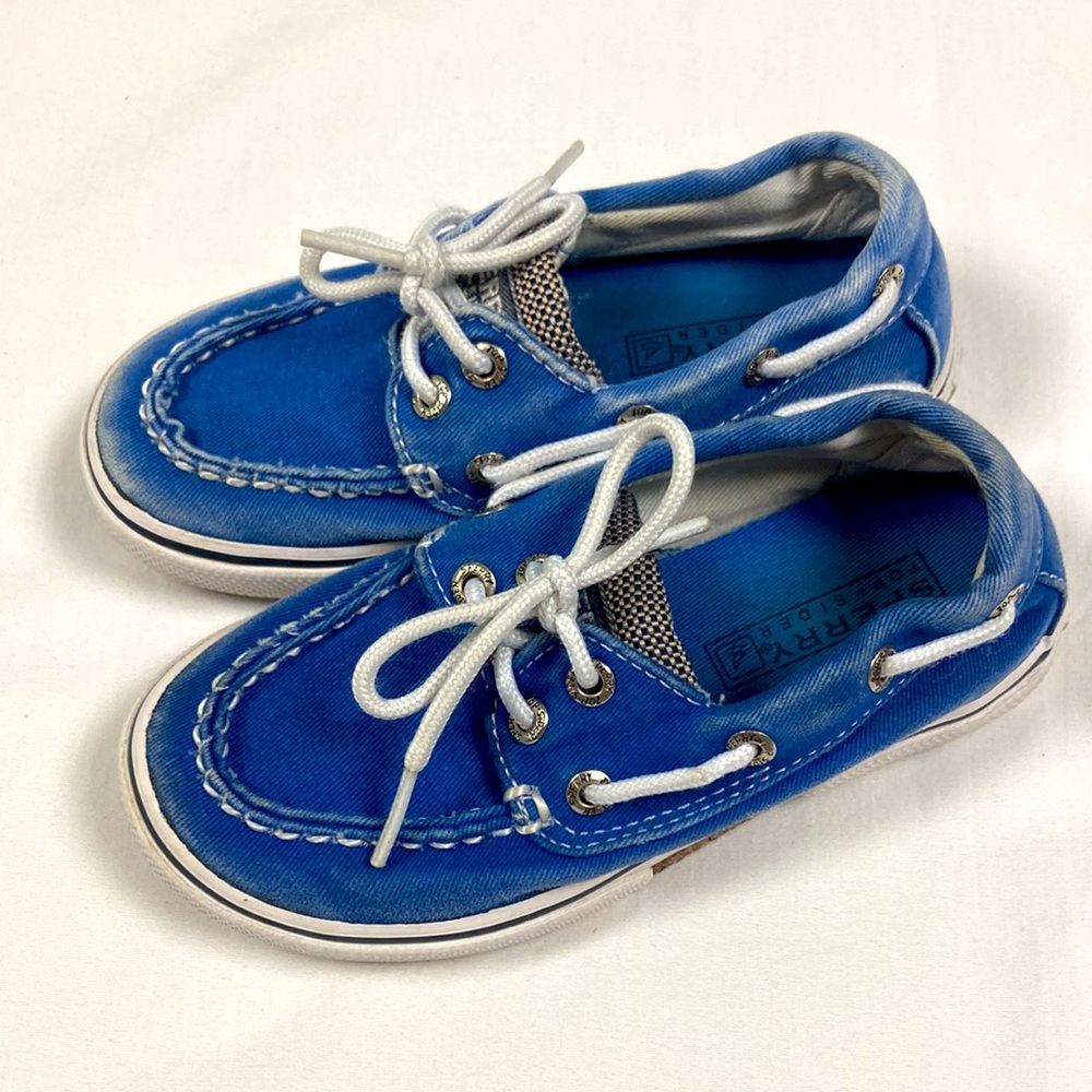 Sperry Topsider boys, blue and white lace up boat shoes size 10 M
